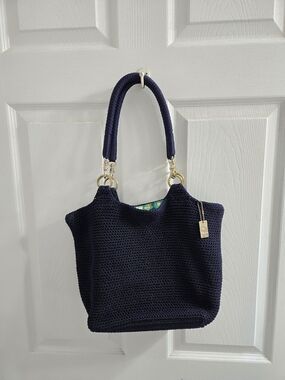 Luna Crochet Navy Shoulder Tote Bag with Gold Hardware